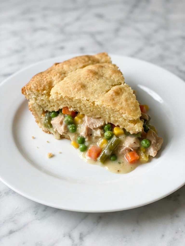 A wedge of chicken pot pie with a golden crust and creamy chicken and vegetable filling