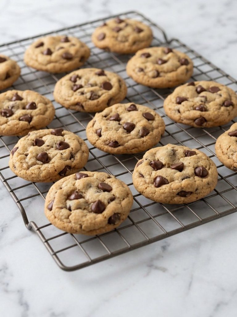 Golden brown Bisquick chocolate chip cookies cooling on a wire rack