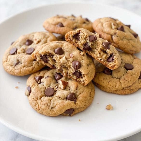 A plate of golden brown chocolate chip cookies made with Bisquick