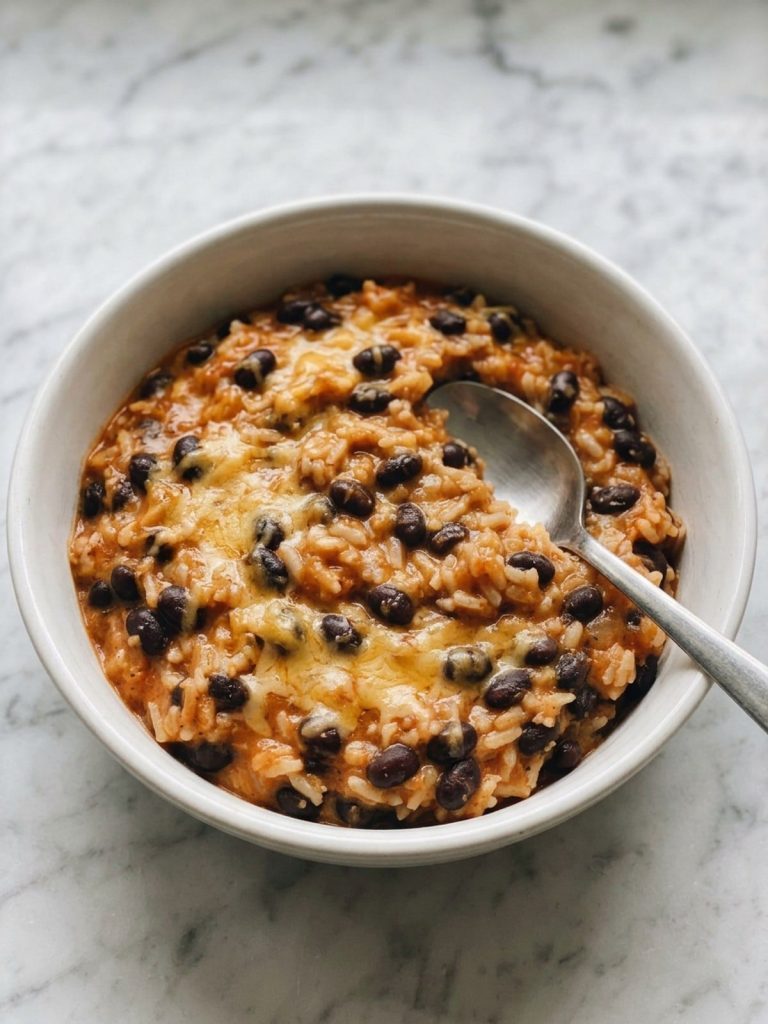 A white bowl filled with black bean rice casserole: black beans and rice in a creamy red salsa sauce with melted cheddar