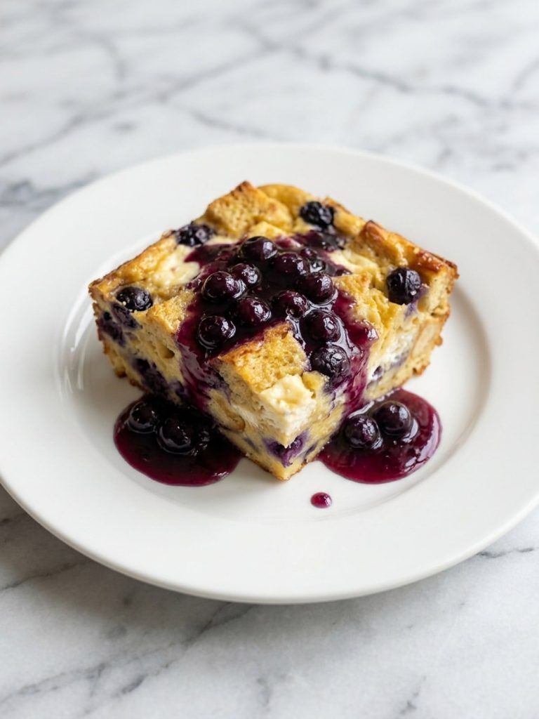 A square of blueberry cream cheese French toast casserole topped with blueberry sauce