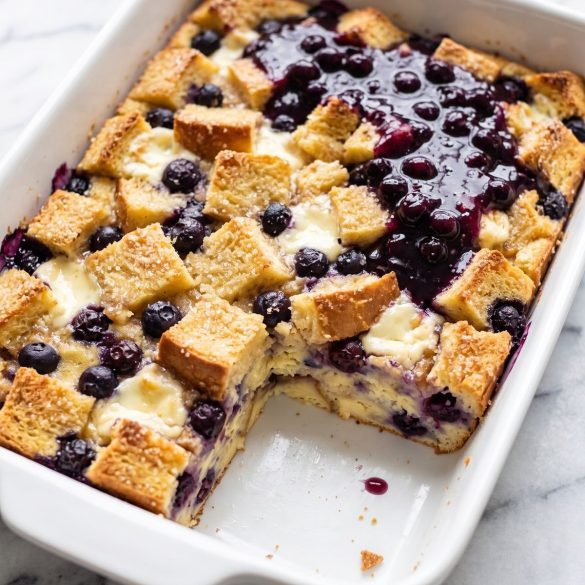 Baked blueberry cream cheese French toast casserole in a baking dish with blueberry sauce