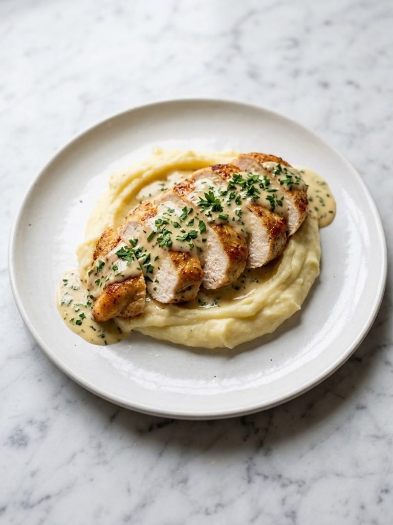 A plate of Boursin chicken with creamy herb sauce over mashed potatoes