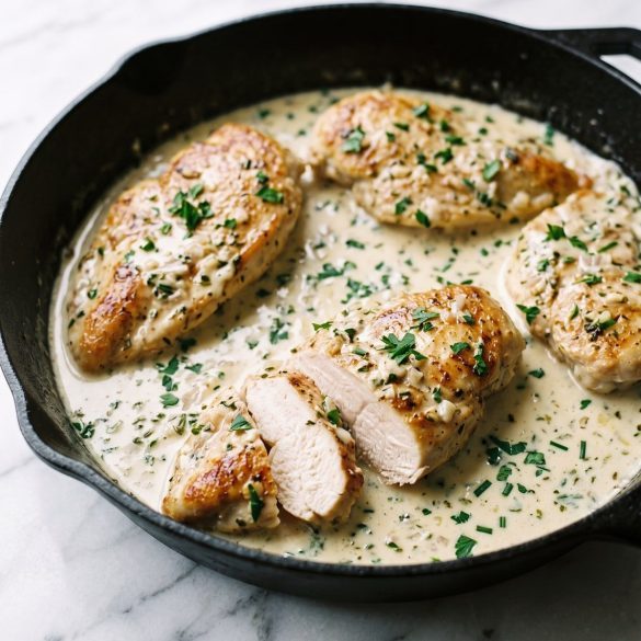 Golden pan-seared chicken cutlets in a creamy garlic and herb sauce in a skillet