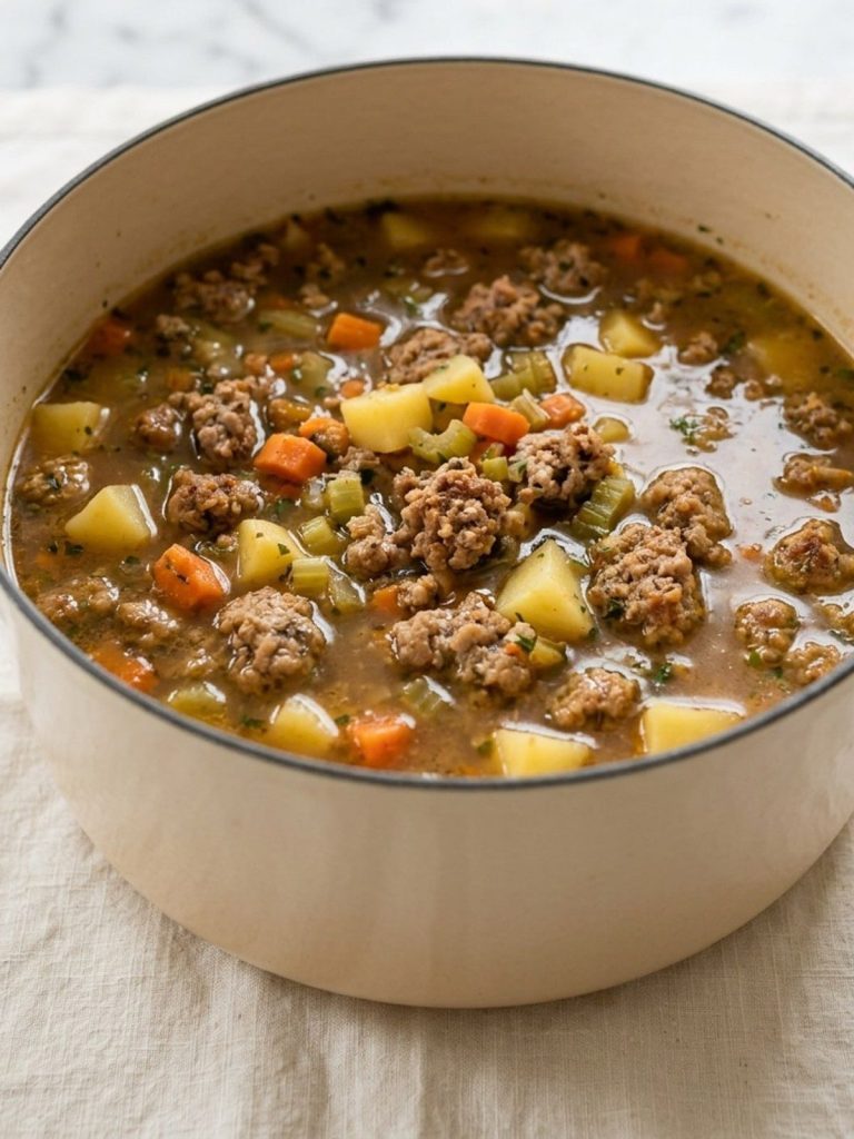 A Dutch oven of brothy bratwurst and potato soup