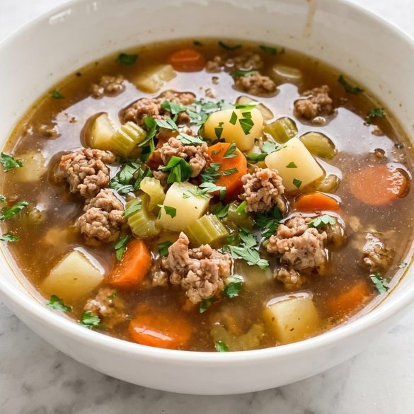 A bowl of bratwurst soup with crumbled sausage, potatoes, carrots and celery in broth