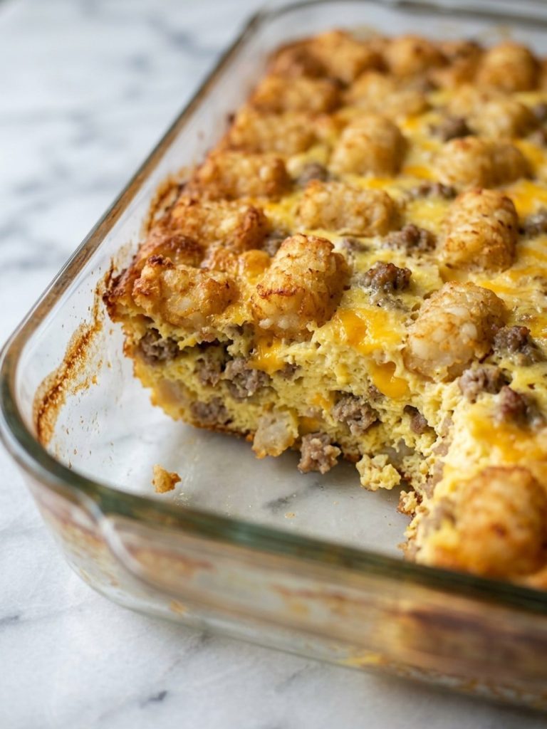 Close side view of golden tater tots above the sausage, cheddar and egg filling