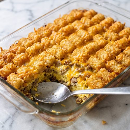 Sausage and egg breakfast casserole with golden tater tots on top and a portion scooped out