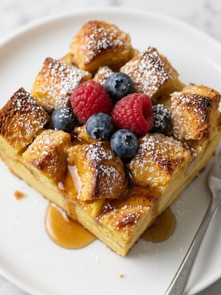 Close view of a square of brioche French toast casserole with maple syrup and berries on a white plate