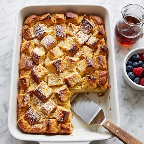 Brioche French toast casserole in a baking dish dusted with powdered sugar, with a square served out