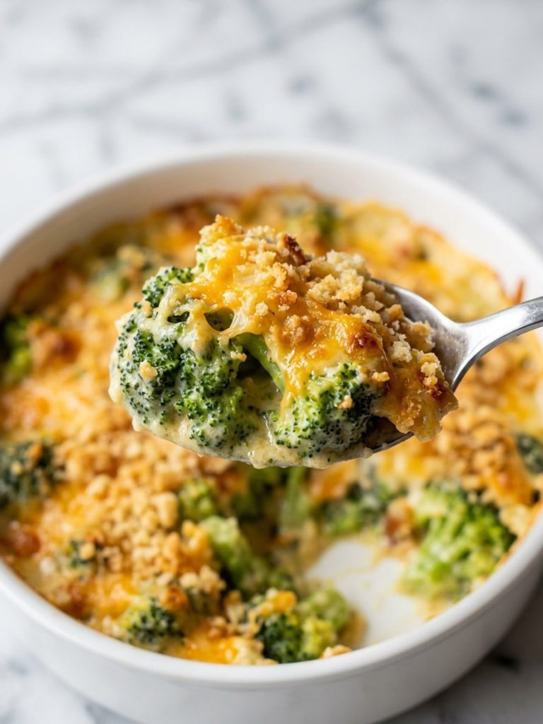 Close view of creamy broccoli casserole with cheddar and cracker crumbs on a spoon