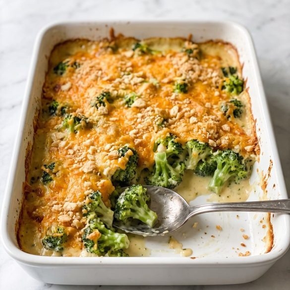 Broccoli casserole with a golden cheddar and Ritz cracker topping in a white 9x13 dish with a serving spoon
