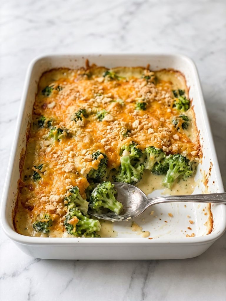 Broccoli casserole with a golden cheddar and Ritz cracker topping in a white 9x13 dish with a serving spoon
