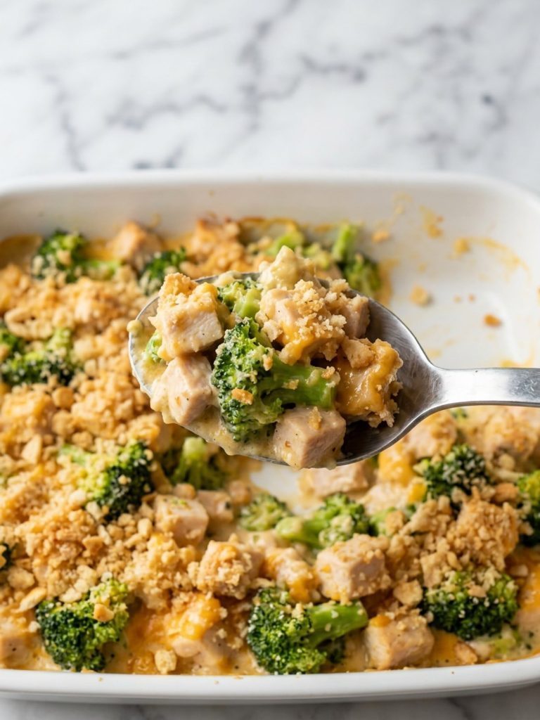 Close view of creamy broccoli chicken casserole with cheddar and cracker crumbs on a spoon