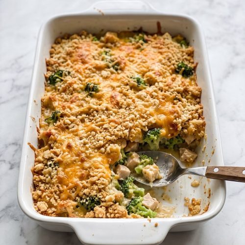 Broccoli chicken casserole with a golden Ritz cracker topping in a white baking dish