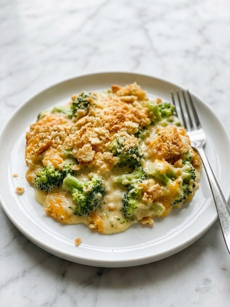 A white plate filled with creamy broccoli casserole under golden buttery cracker crumbs