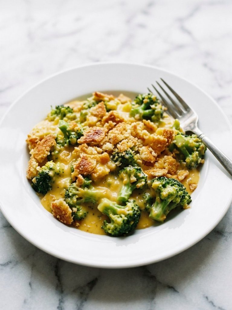 A white plate filled with broccoli in smooth cheese sauce under golden buttery cracker crumbs