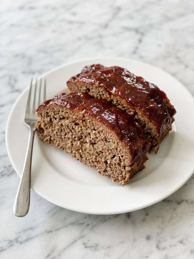 A white plate with two thick slices of brown sugar meatloaf topped with a glossy brown sugar and ketchup glaze