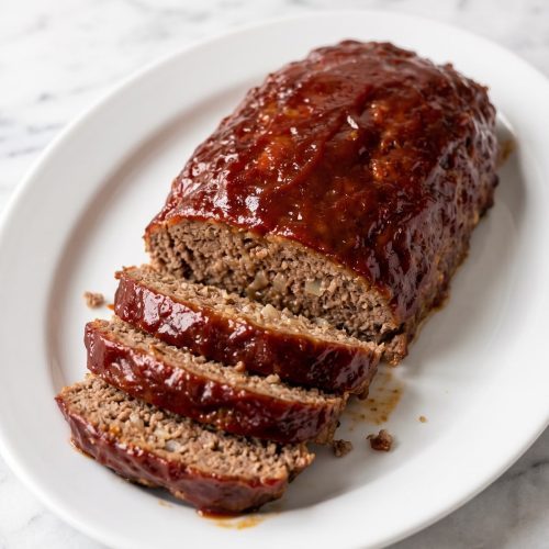 A whole brown sugar meatloaf on a white platter with a glossy glaze on top and three thick slices cut from the front