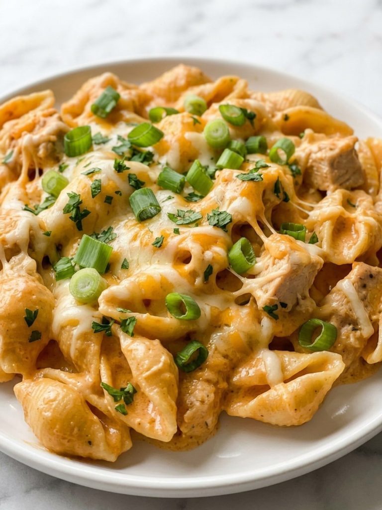 Close view of buffalo chicken pasta shells with melted cheese and green onions