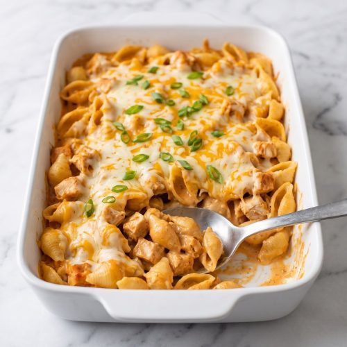 Buffalo chicken pasta casserole with melted cheese in a white baking dish, one serving scooped out