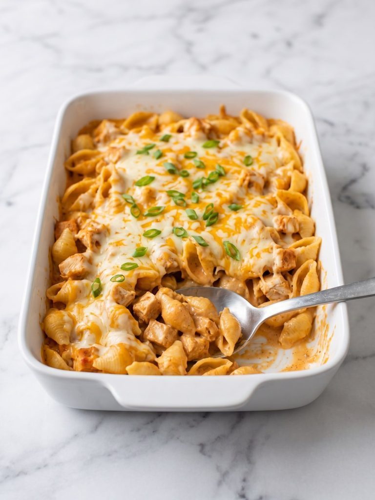 Buffalo chicken pasta casserole with melted cheese in a white baking dish, one serving scooped out