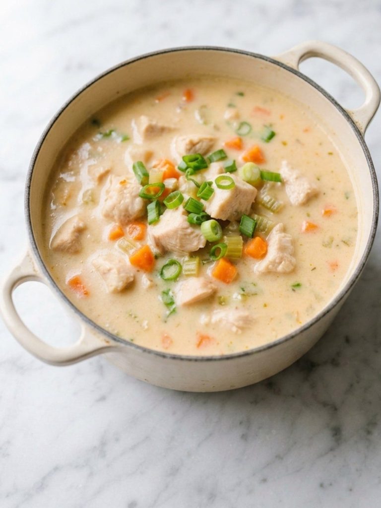 A pot of creamy buffalo chicken soup with chicken, carrots and celery