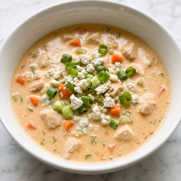 A bowl of creamy orange buffalo chicken soup topped with blue cheese crumbles and scallions
