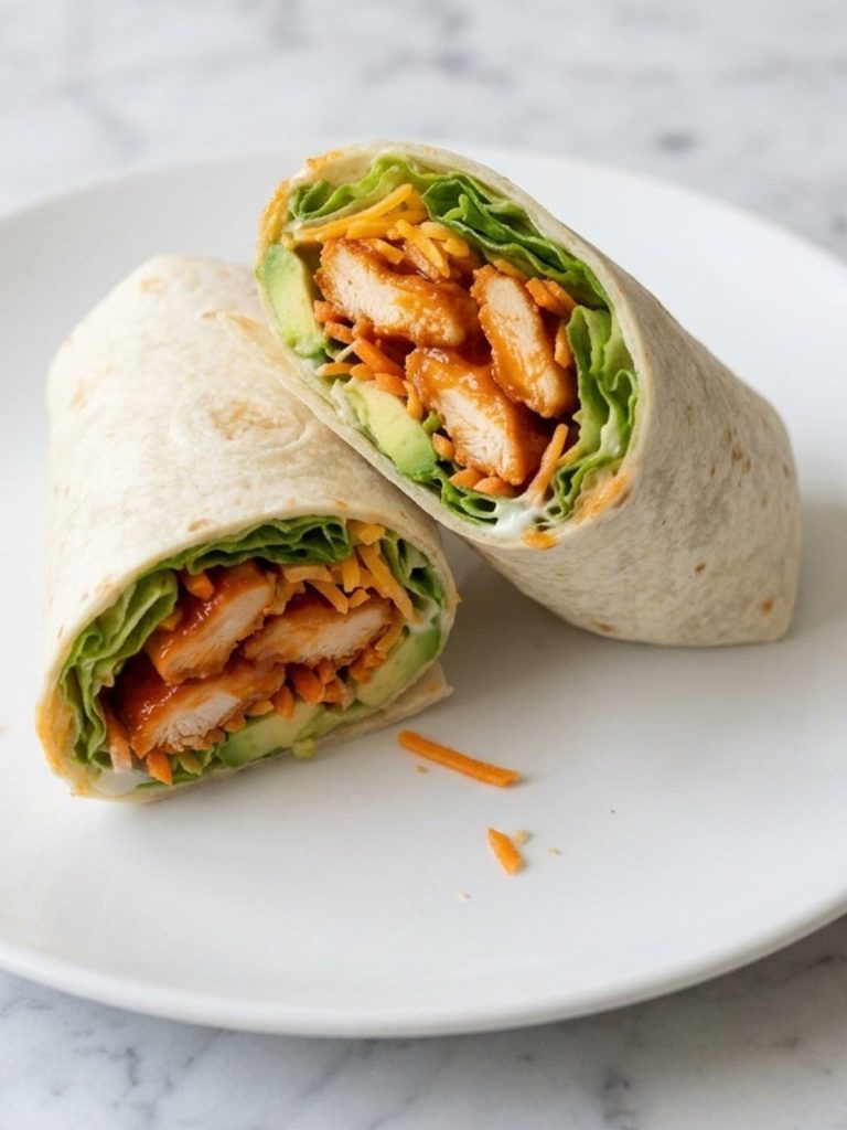 A buffalo chicken wrap cut in half on a plate, filled with chicken, lettuce, carrot and avocado