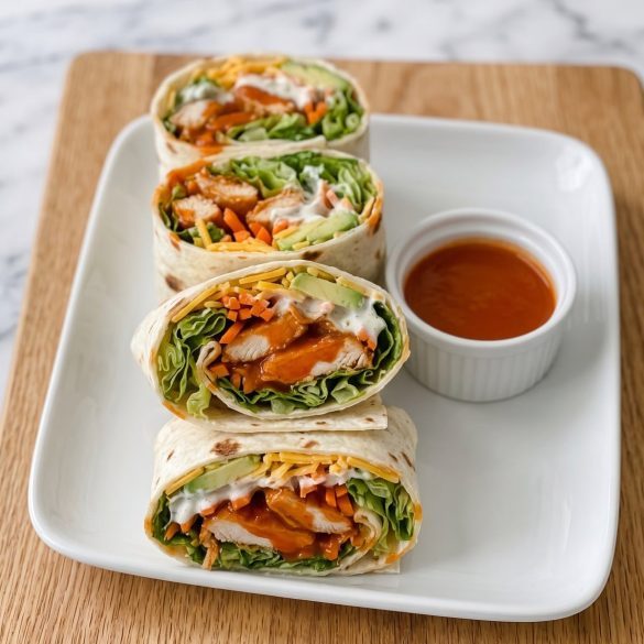 Buffalo chicken wraps cut in half showing spicy chicken strips, romaine, carrot, avocado and cheddar