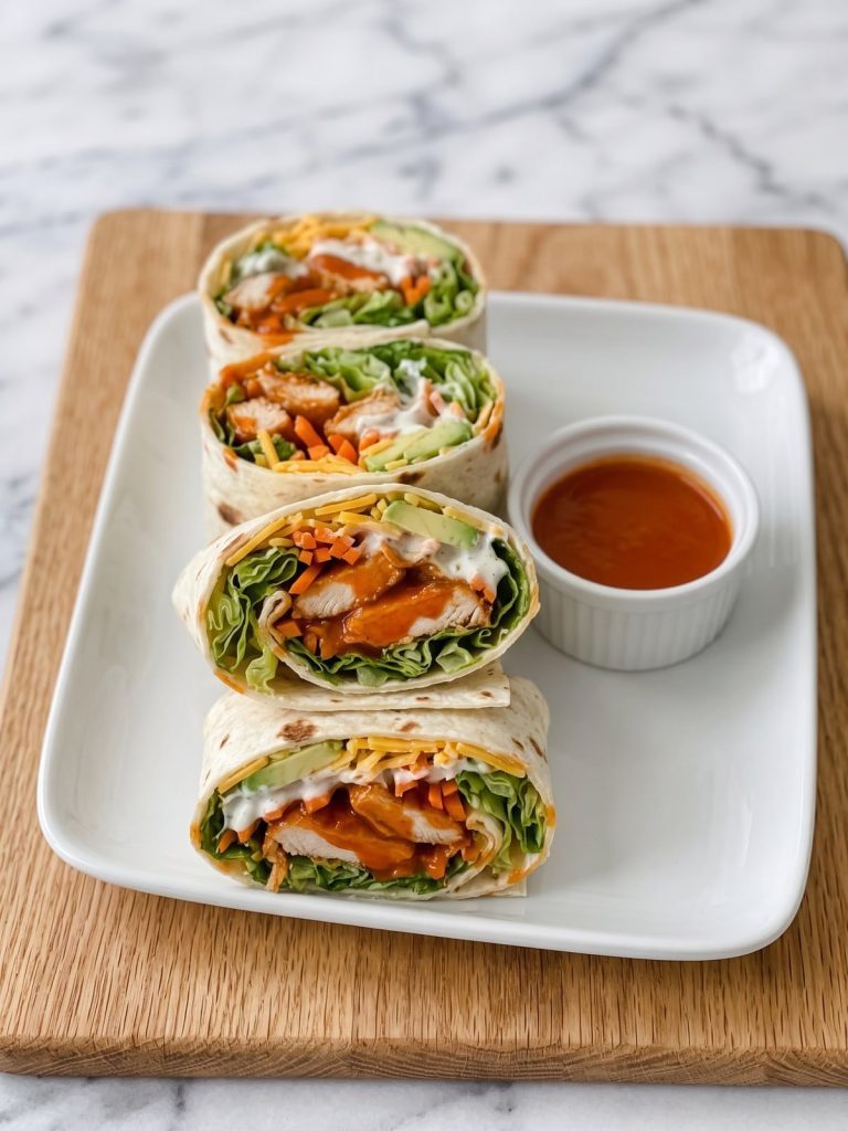 Buffalo chicken wraps cut in half showing spicy chicken strips, romaine, carrot, avocado and cheddar