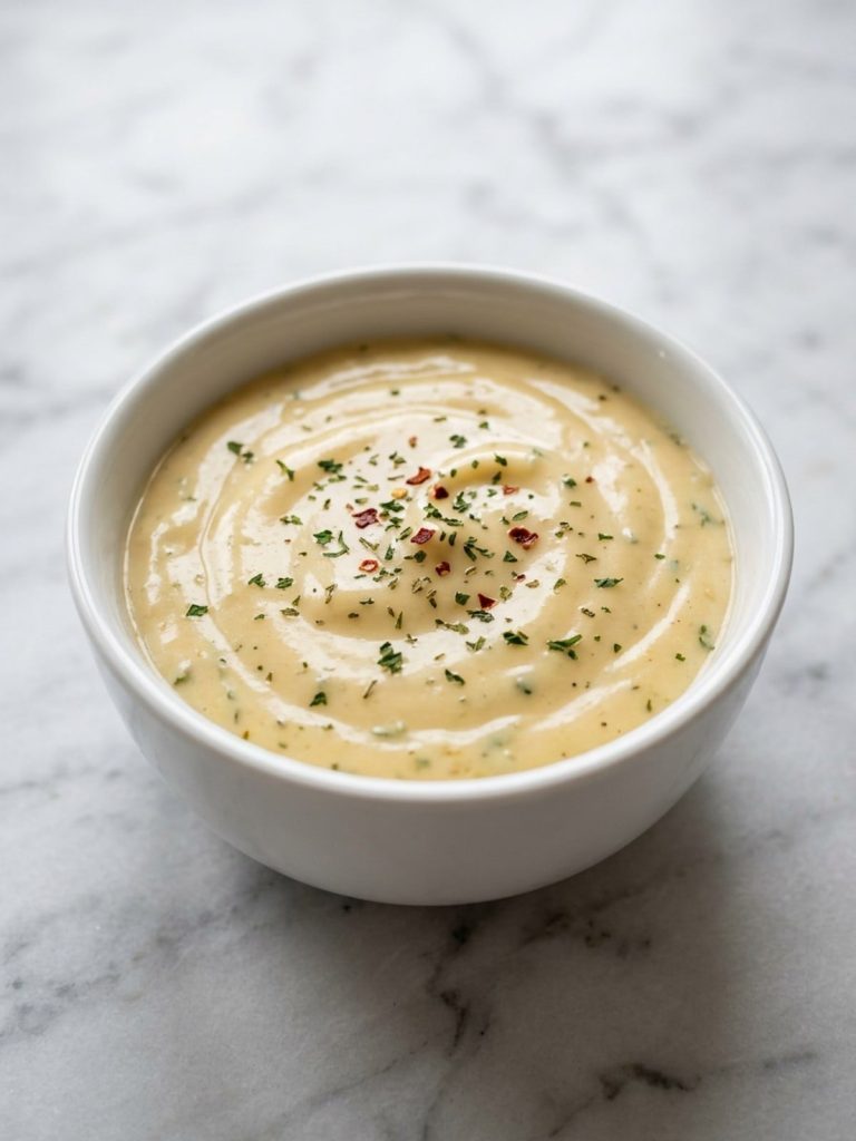 A small white bowl of creamy garlic parmesan sauce