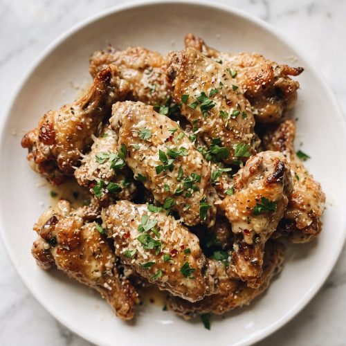 A plate of chicken wings coated in creamy garlic parmesan sauce