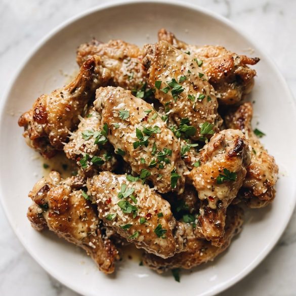 A plate of chicken wings coated in creamy garlic parmesan sauce