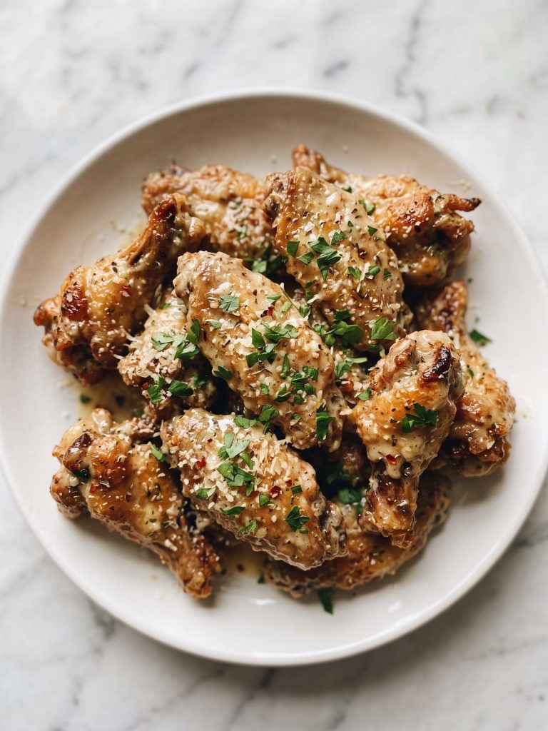 A plate of chicken wings coated in creamy garlic parmesan sauce