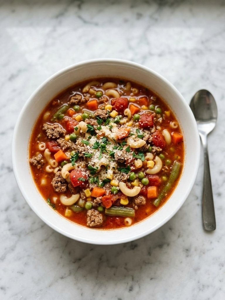 A white bowl filled with busy day soup with ground beef, macaroni, tomatoes and mixed vegetables, topped with Parmesan and parsley