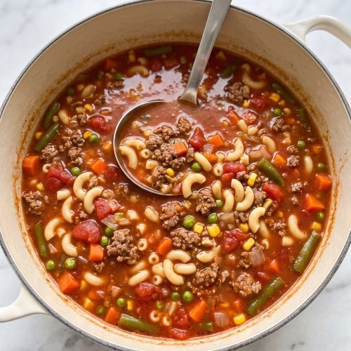 A cream Dutch oven full of ground beef soup with elbow macaroni, tomatoes and mixed vegetables, with a ladle