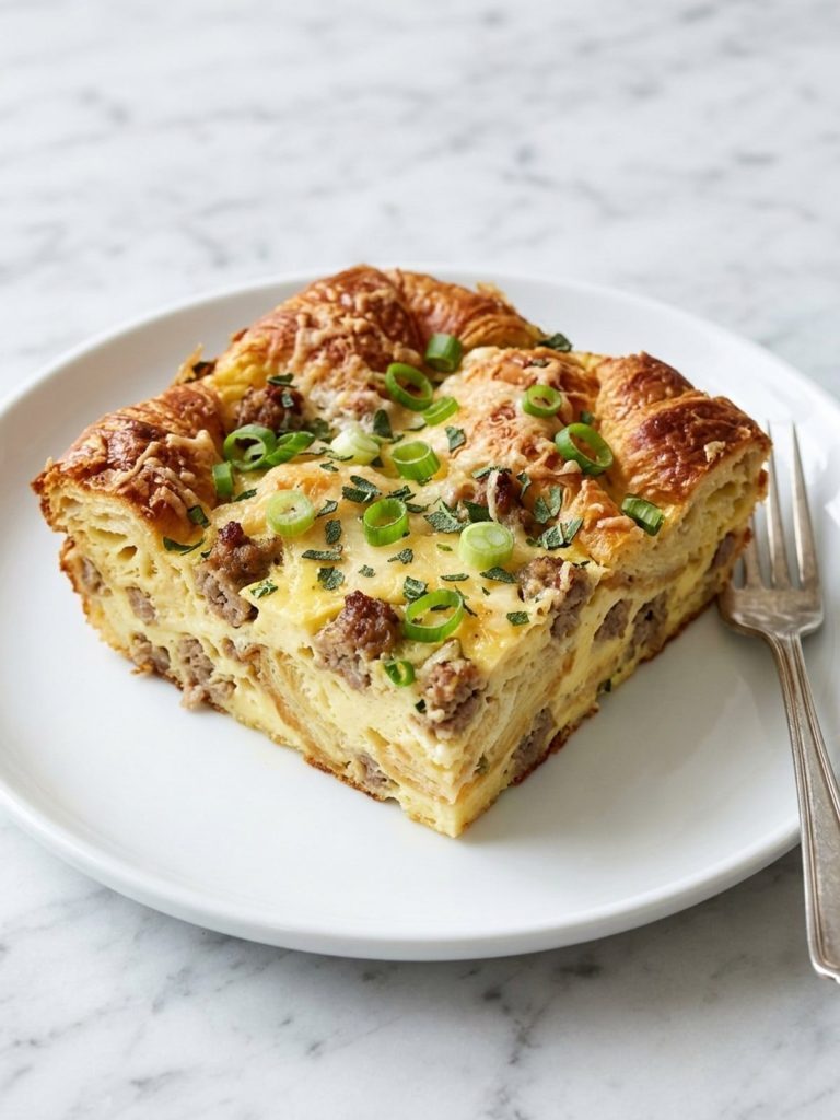 A white plate filled with a square of croissant breakfast casserole with sausage, a golden top, scallions and sage