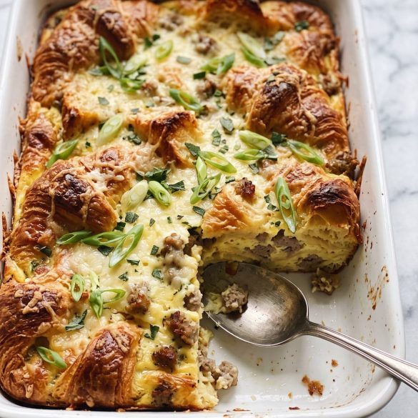 A 9x13 dish of croissant breakfast casserole with a golden top, one corner scooped out to show the custardy croissants and sausage