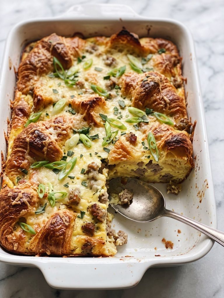 A 9x13 dish of croissant breakfast casserole with a golden top, one corner scooped out to show the custardy croissants and sausage