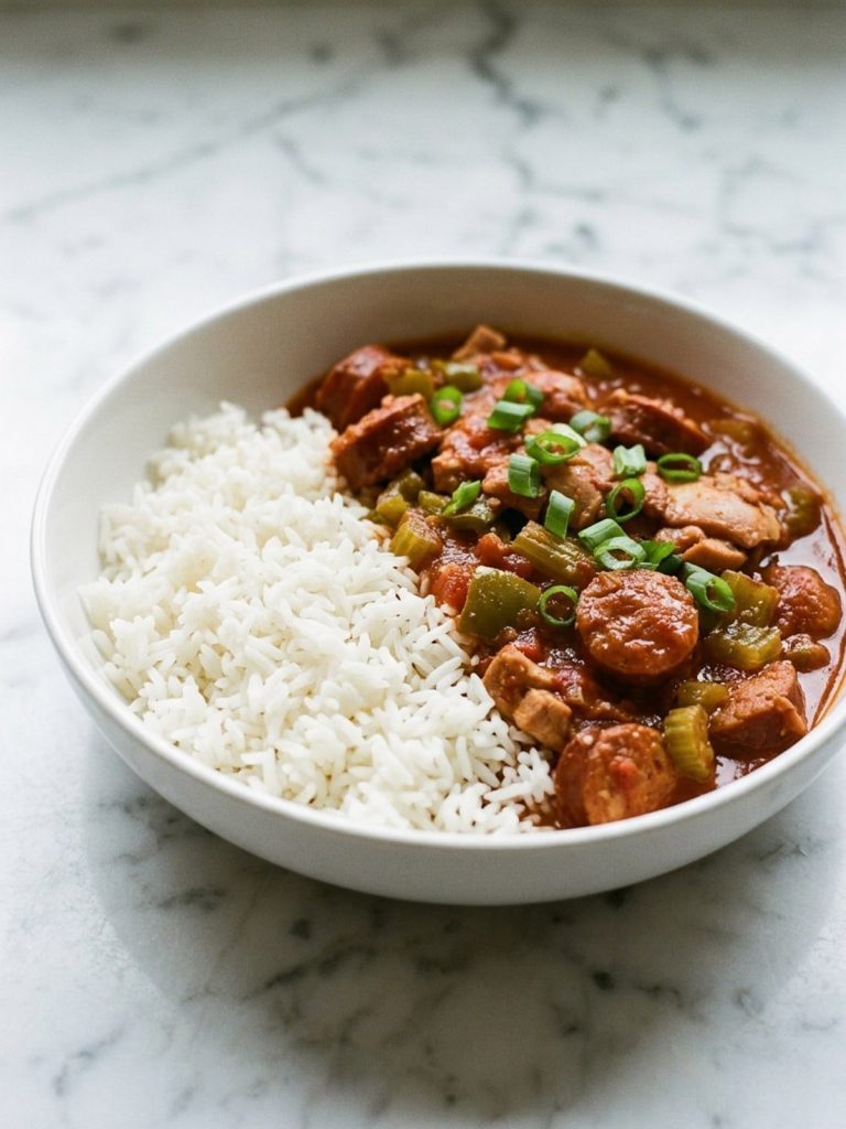 A bowl of Cajun chicken and sausage stew spooned over white rice with green onions