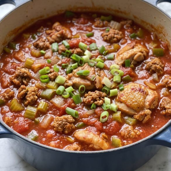 A Dutch oven of Cajun stew with browned sausage, chicken thighs, celery and green bell pepper in a red tomato sauce
