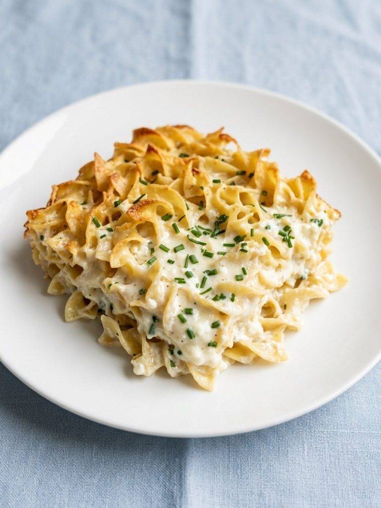 A serving of creamy baked egg noodles with cottage cheese, sour cream and chives on a plate