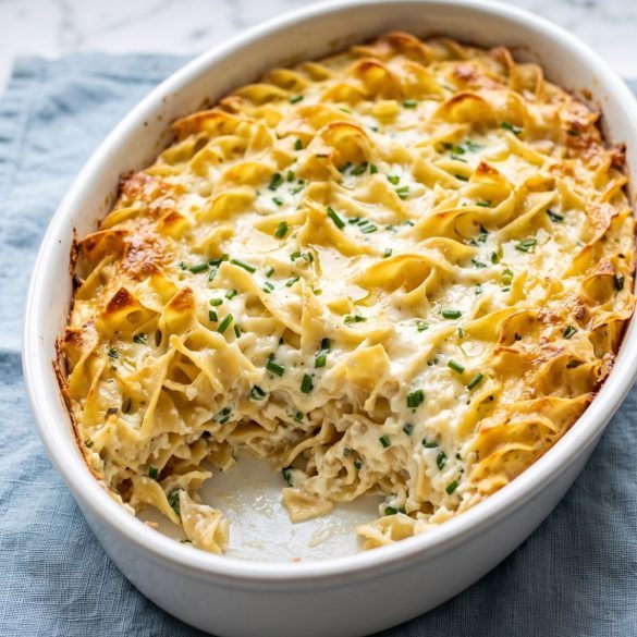 A baked egg noodle casserole with cottage cheese, sour cream and chives, golden at the edges