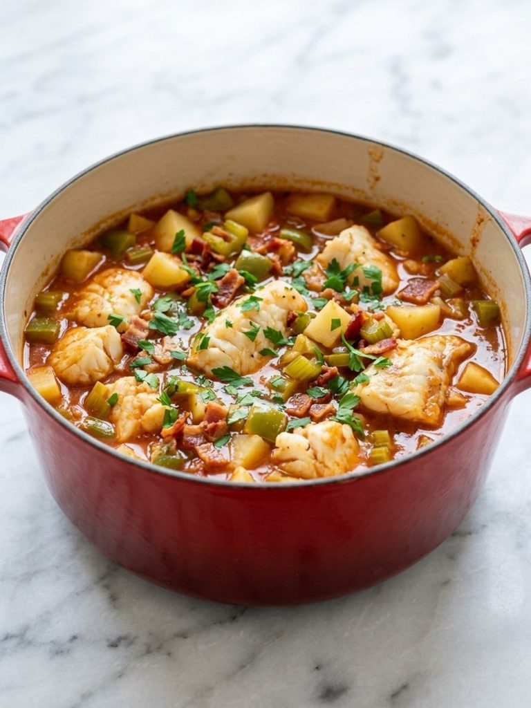 Catfish stew with potatoes and tomatoes in a Dutch oven