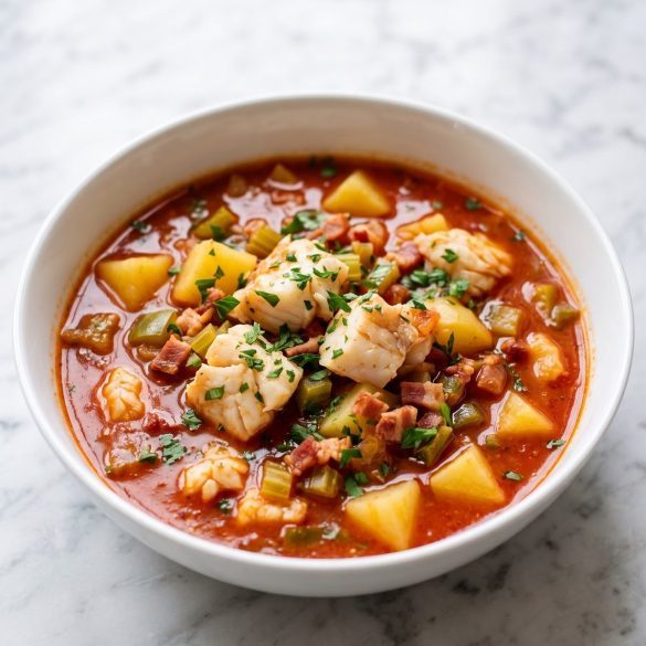 A bowl of catfish stew with tomatoes, potatoes, bacon and parsley