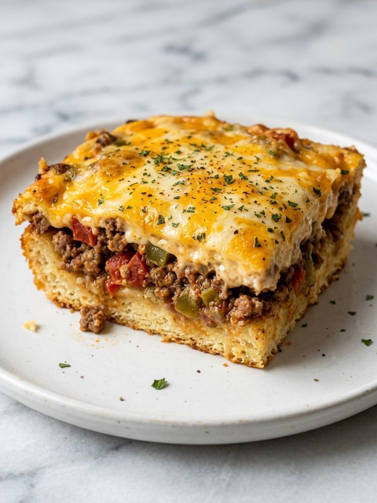 Close view of a square of cattle drive casserole showing biscuit crust, taco beef and cheese