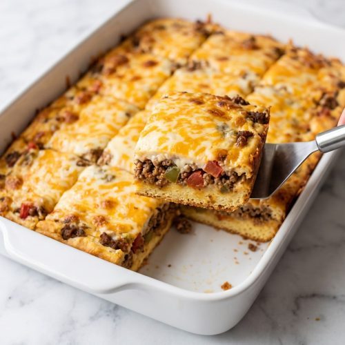 Cattle drive casserole in a white 9x13 dish with one square lifted out showing the biscuit crust