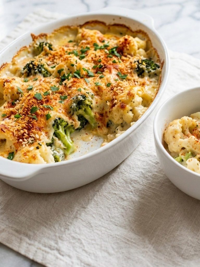 A casserole dish of baked broccoli and cauliflower with melted cheese and golden breadcrumbs