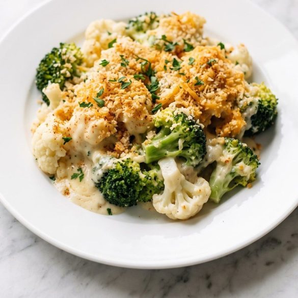A serving of broccoli and cauliflower in a creamy cheese sauce with a golden breadcrumb top